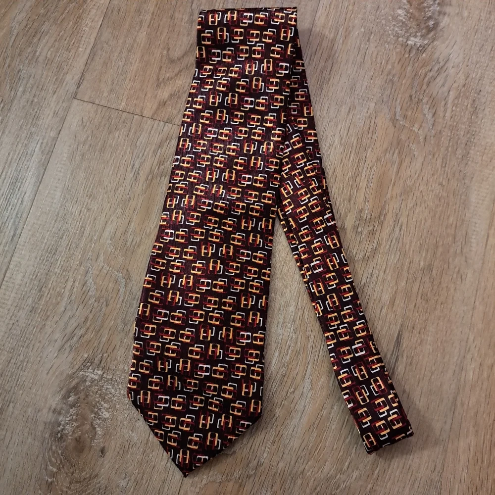 LeVieux Commandant Silk Brown Gold White Red Interlock Squares Tie